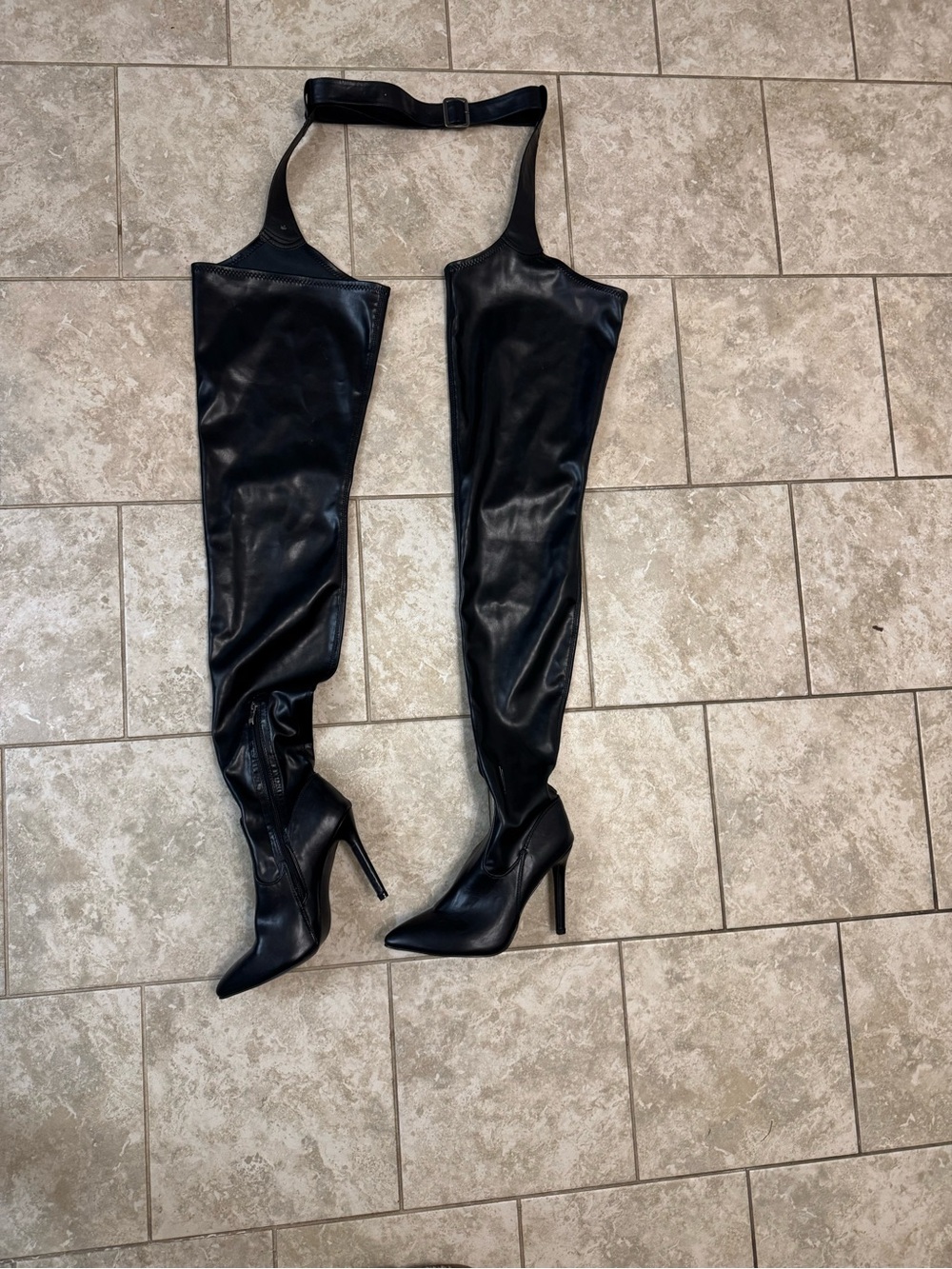 Black Over-the-Knee Stiletto Chaps Waist Belted Boot Come extra belt to upsize